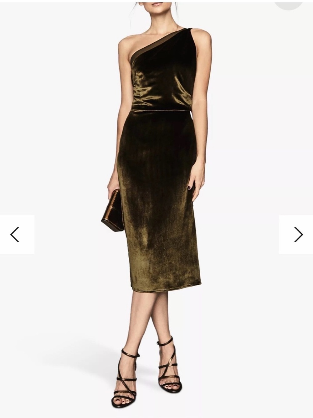 Reiss Eden Olive Silk Velvet One-Shoulder Midi Dress - Picture 6 of 7